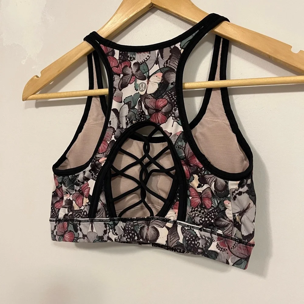 Lululemon Sweaty Or Not Bra II So Fly Butterfly Angel Wing Multi/Black 6